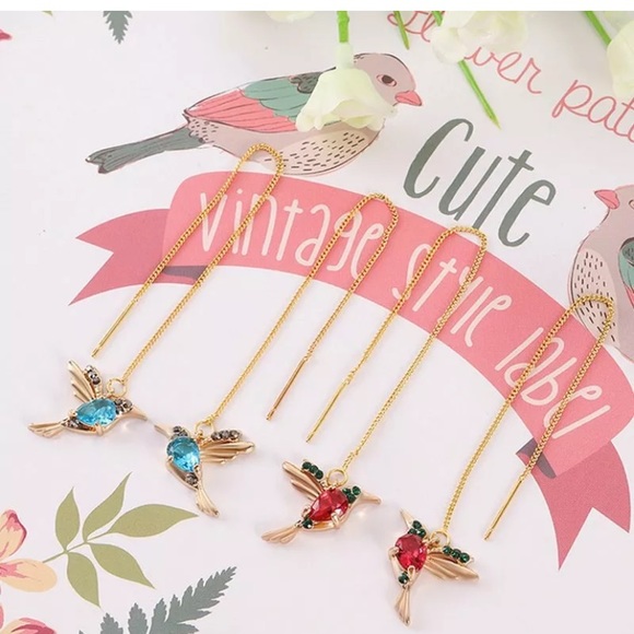 Hummingbird Drop Dangle Chain Gold Earrings - Picture 2 of 5